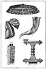 VIKING RELICS<br> 1. Gold Collar from Oland. 2. Masked Helmet from Thorsbjerg Moss. 3. Drinking-horn. 4. Portion of a Damascened Sword from Nydam. 5. Bronze Sword Grip decorated with gold and garnets.<br> 1. 3, <i>and</i> 5 <i>reproduced by permission from</i> ''<i>Kulturgeshichte Schwedens</i>'' <i>by Oscar Montelius</i>