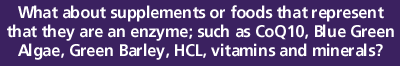 What about supplements or foods that represent that they are an enzyme; such as CoQ10, Blue Green Algae, Green Barley, HCL, vitamins and minerals?