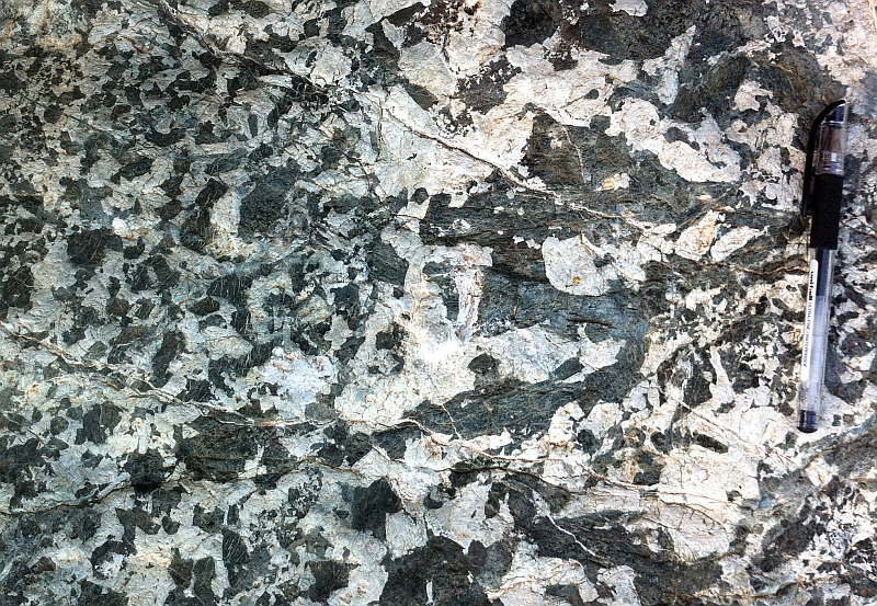 Gabbroic pegmatite. White is plagioclase, black is pyroxene.