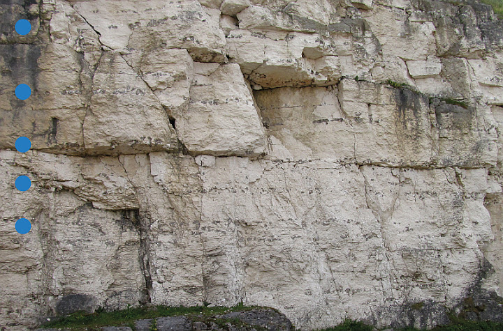 Prominent layers of flint nodules in chalk