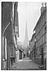 PLATE XV. CHURCH.<BR>
Ledbury, the Spire sighed up Church Lane.